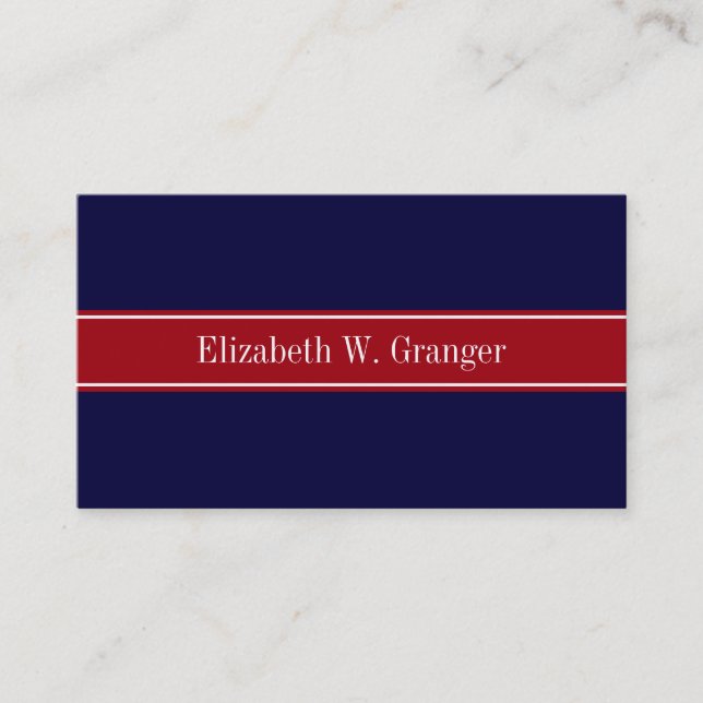 Solid Navy Blue Cranberry Red Ribbon Name Monogram Business Card (Front)