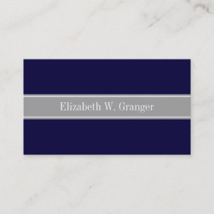 Solid Navy Blue, Dark Grey Ribbon Name Monogram Business Card