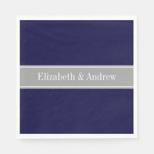Solid Navy Blue, Dark Grey Ribbon Name Monogram Napkin