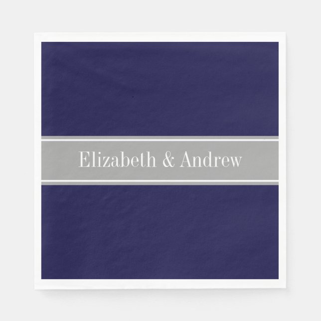 Solid Navy Blue, Dark Grey Ribbon Name Monogram Napkin (Front)