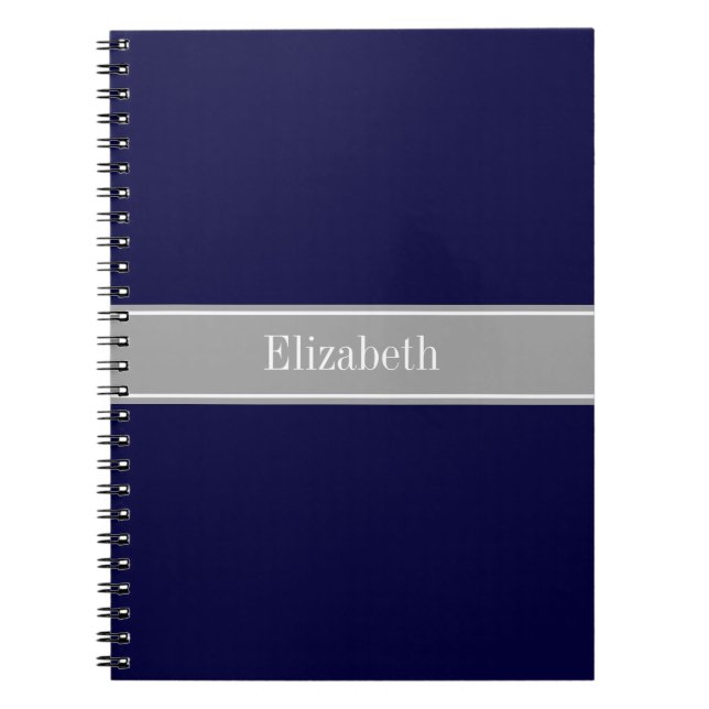 Solid Navy Blue, Dark Grey Ribbon Name Monogram Spiral Notebook (Front)
