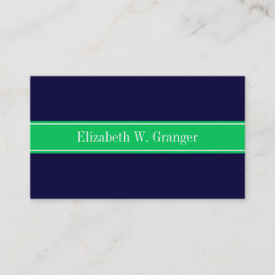 Solid Navy Blue Emerald Green Ribbon Name Monogram Business Card