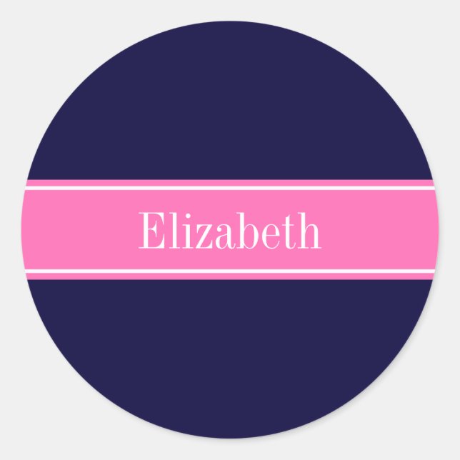 Solid Navy Blue Hot Pink #2 Ribbon Name Monogram Classic Round Sticker (Front)