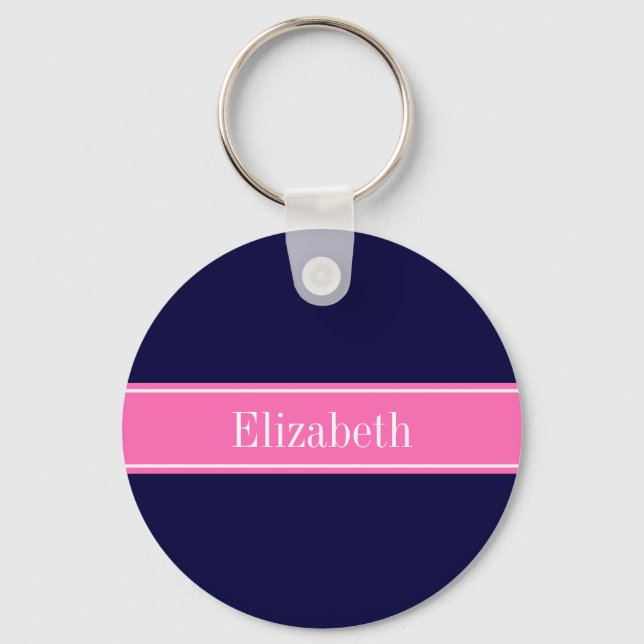 Solid Navy Blue Hot Pink #2 Ribbon Name Monogram Key Ring (Front)