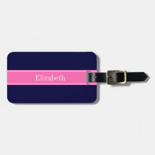 Solid Navy Blue Hot Pink #2 Ribbon Name Monogram Luggage Tag