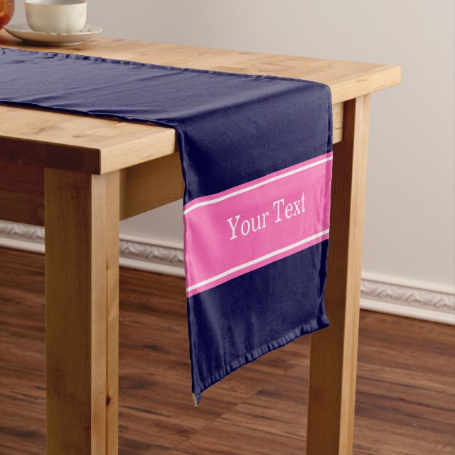 Solid Navy Blue Hot Pink #2 Ribbon Name Monogram Short Table Runner (In Situ)