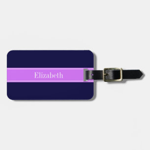 Solid Navy Blue, Lilac Ribbon Name Monogram Luggage Tag
