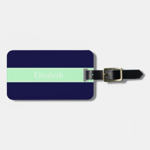 Solid Navy Blue, Mint Ribbon Name Monogram Luggage Tag