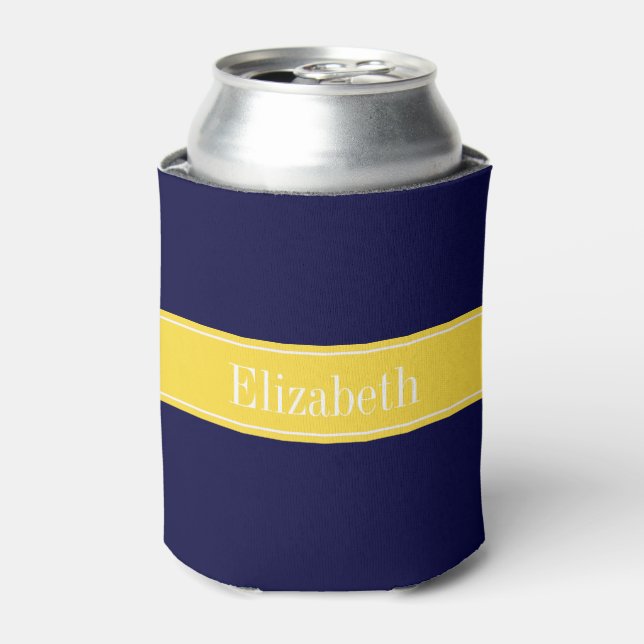 Solid Navy Blue, Pineapple Ribbon Name Monogram Can Cooler (Can Front)