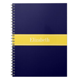 Solid Navy Blue, Pineapple Ribbon Name Monogram Spiral Notebook