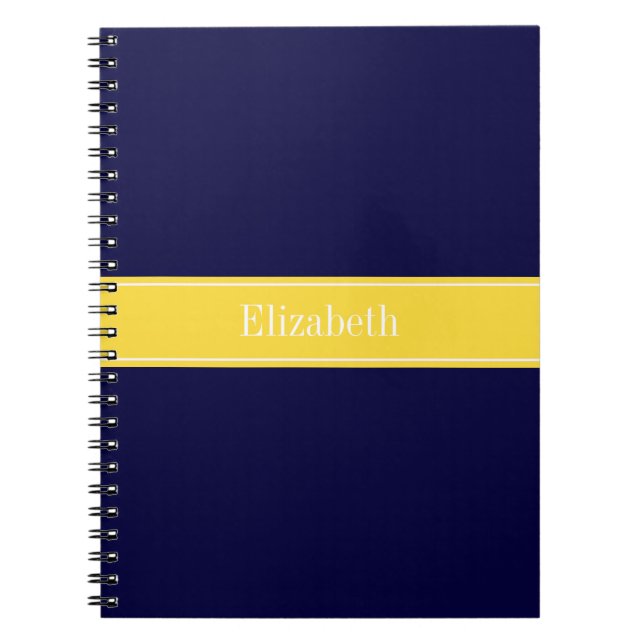 Solid Navy Blue, Pineapple Ribbon Name Monogram Spiral Notebook (Front)