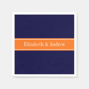 Solid Navy Blue, Pumpkin Ribbon Name Monogram Napkin