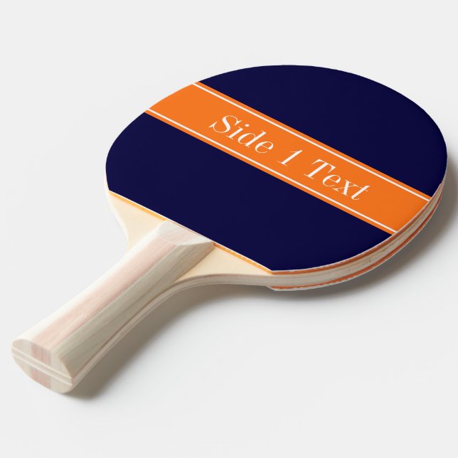 Solid Navy Blue, Pumpkin Ribbon Name Monogram Ping Pong Paddle (Front Angle)