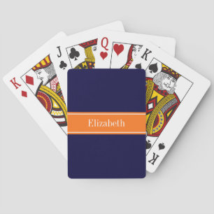 Solid Navy Blue, Pumpkin Ribbon Name Monogram Playing Cards