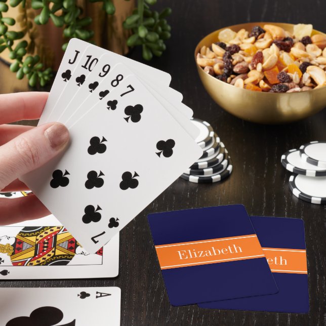 Solid Navy Blue, Pumpkin Ribbon Name Monogram Playing Cards (In Situ)