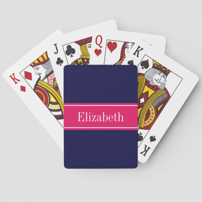 Solid Navy Blue, Raspberry Ribbon Name Monogram Playing Cards (Back)