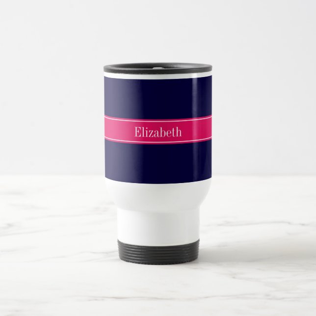 Solid Navy Blue, Raspberry Ribbon Name Monogram Travel Mug (Center)