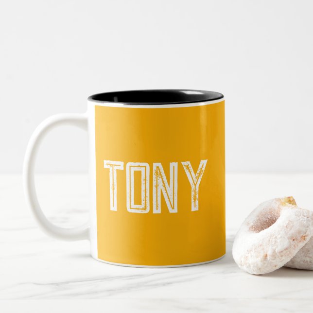 Solid Neon Bright Orange Custom Name Monogram Two-Tone Coffee Mug (With Donut)