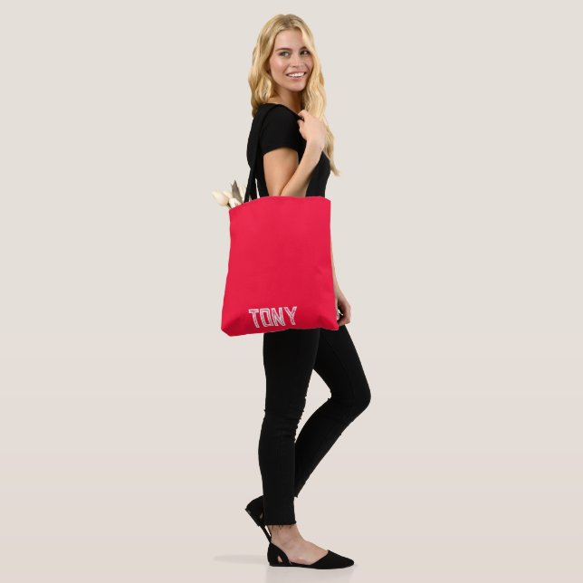 Solid Neon Red Colour Custom Name Monogram Tote Bag (On Model)