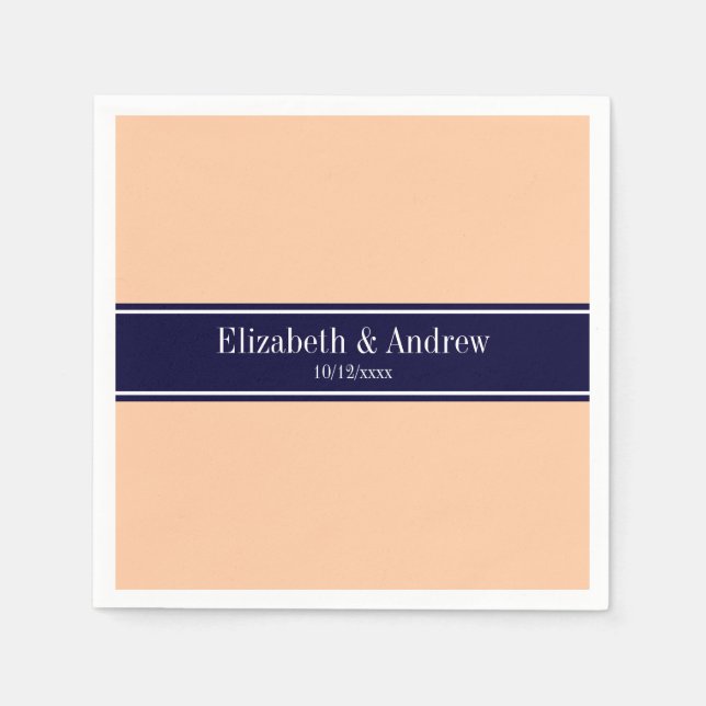 Solid Peach, Navy Blue Ribbon Name Monogram Napkin (Front)