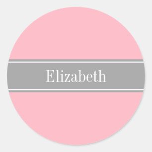 Solid Pink, Dark Grey Ribbon Name Monogram Classic Round Sticker