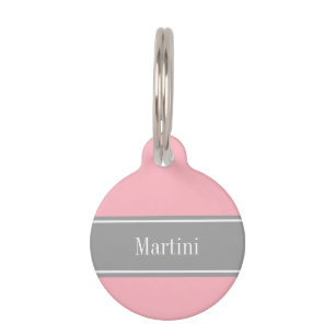 Solid Pink, Dark Grey Ribbon Name Monogram Pet Tag