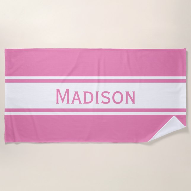 Solid Pink White Stripes Modern Name Beach Towel (Front)