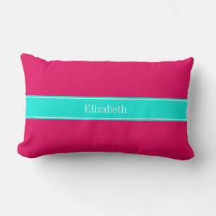 Solid Raspberry, Bright Aqua Ribbon Name Monogram Lumbar Cushion