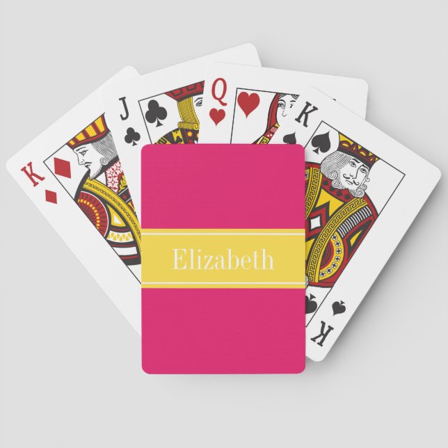 Solid Raspberry, Pineapple Ribbon Name Monogram Playing Cards (Back)