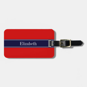 Solid Red, Navy Blue Ribbon Name Monogram Luggage Tag