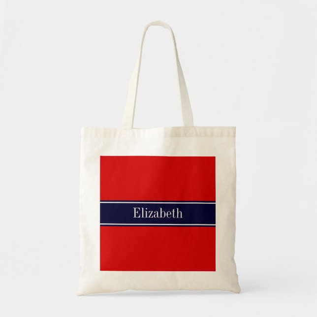 Solid Red, Navy Blue Ribbon Name Monogram Tote Bag (Front)