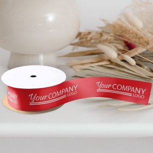 Solid Red, White Business Logo Branded Gift Ribbon Satin Ribbon