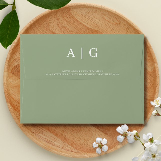 Solid Sage Green Wedding 5x7 Envelope (Sage Green Monogrammed Wedding Envelope)