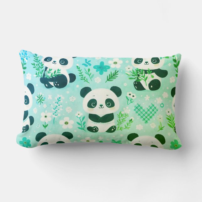 Solid Side and Panda Bear Pattern Green Print Lumbar Cushion (Front)