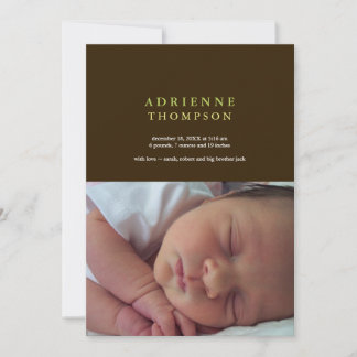Solid sophistication brown green photo baby birth announcement