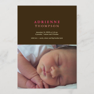 Solid sophistication brown pink photo baby birth announcement