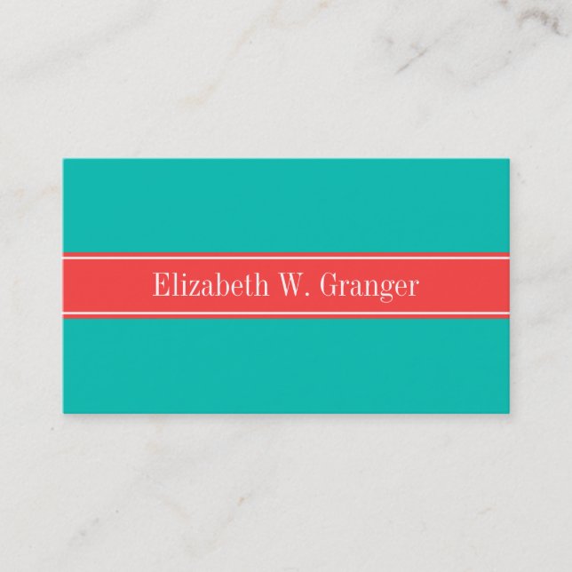 Solid Teal, Coral Red Ribbon Name Monogram Business Card (Front)