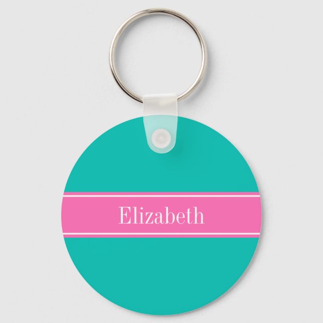 Solid Teal, Hot Pink #2 Ribbon Name Monogram Key Ring (Front)