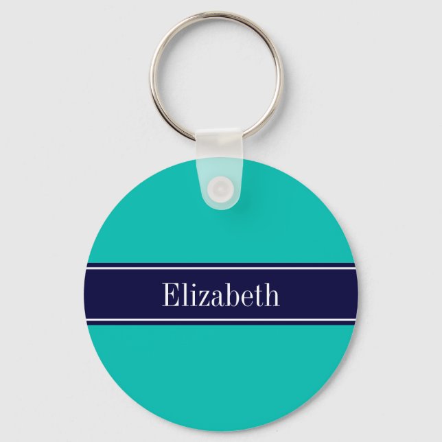 Solid Teal, Navy Blue Ribbon Name Monogram Key Ring (Front)