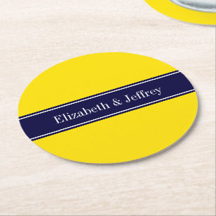 Solid Yellow, Navy Blue Ribbon Name Monogram Round Paper Coaster