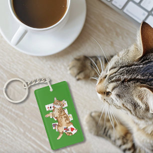Solitaire Funny Orange Tabby Cat Playing Cards Key Ring