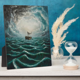 Solitary Boat in Turbulent Seas Ocean Landscape Plaque