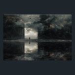 Solitary Figure Storm Cloud Mirror Abyss Poster<br><div class="desc">A lone figure stands motionless at the exact center where four mirrored quadrants converge, surrounded by violently swirling storm clouds in deep charcoal, bruised purple, and ominous gray. Faint golden-orange light fractures through the tempest, casting dramatic rays across an infinite reflective surface that doubles every cloud formation into a perfect,...</div>