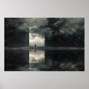 Solitary Figure Storm Cloud Mirror Abyss Poster