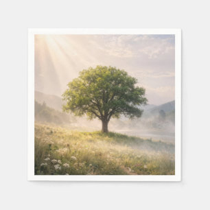 Solitary Green Tree in Mist with Sunbeams Napkin