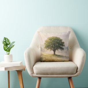 Solitary Green Tree with Sunbeams Cushion