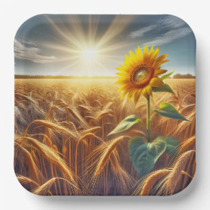 Solitary Sunflower In Wheat Field  Paper Plate