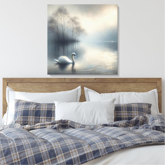 Solitary Swan On Misty Lake Canvas Print (Insitu(Bedroom))