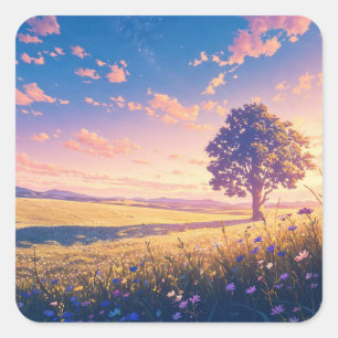 Solitary Tree in Golden Wildflower Meadow Square Sticker