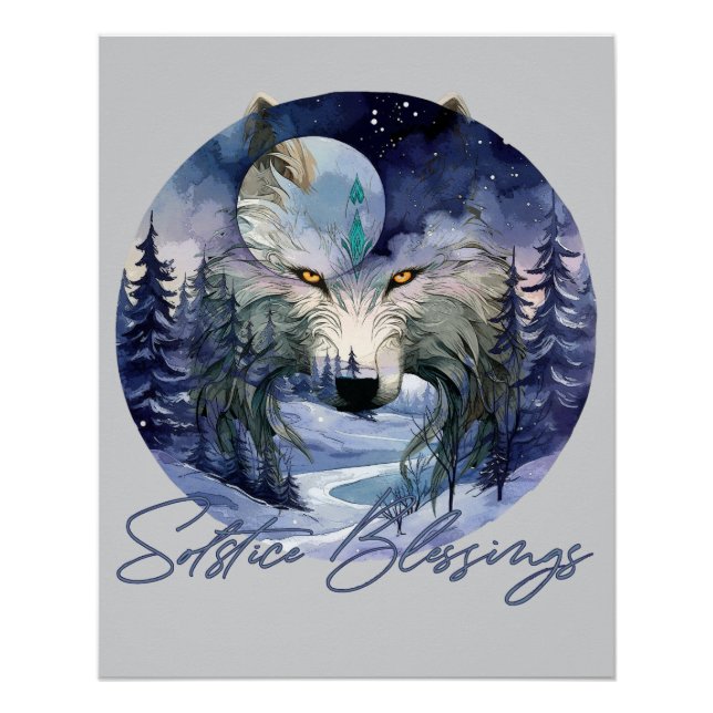 Solstice Blessings Winter Wolf Moonlight Woods Poster (Front)